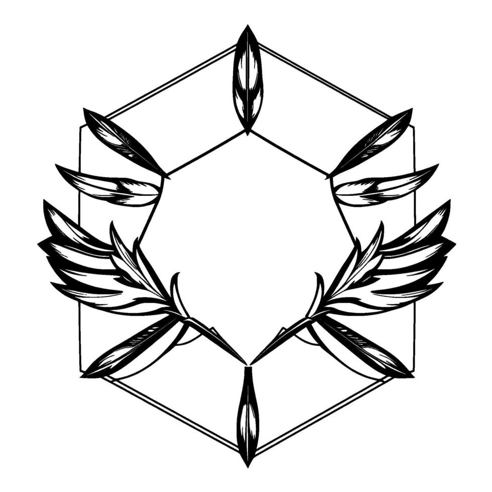 Geometric Feathered Emblem Symmetrical black and white featuring stylized wings and feathers within a hexagonal frame. vector