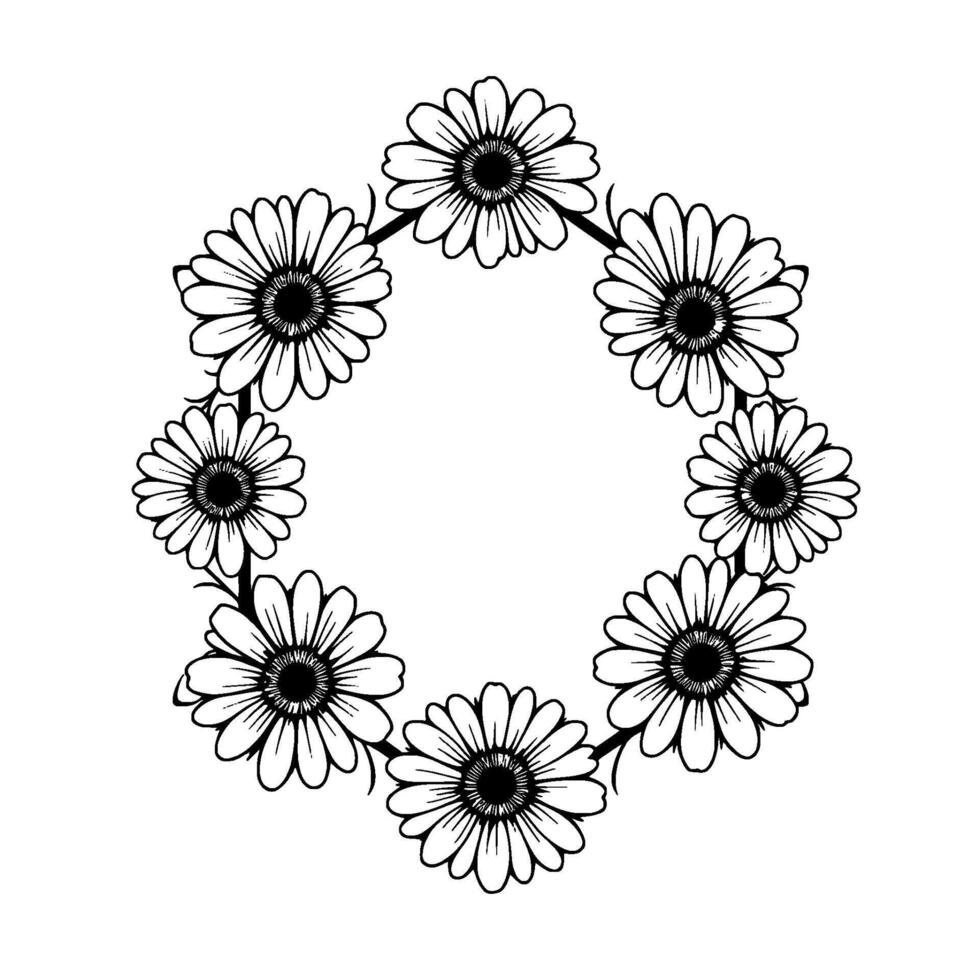 Intricate monochrome floral wreath , handdrawn in detailed linework with a white background, perfect for invitations and creative projects. vector
