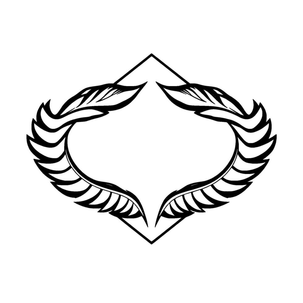 Black and white symmetrical illustration of a diamondshaped frame with featherlike elements surrounding a blank, central space. vector