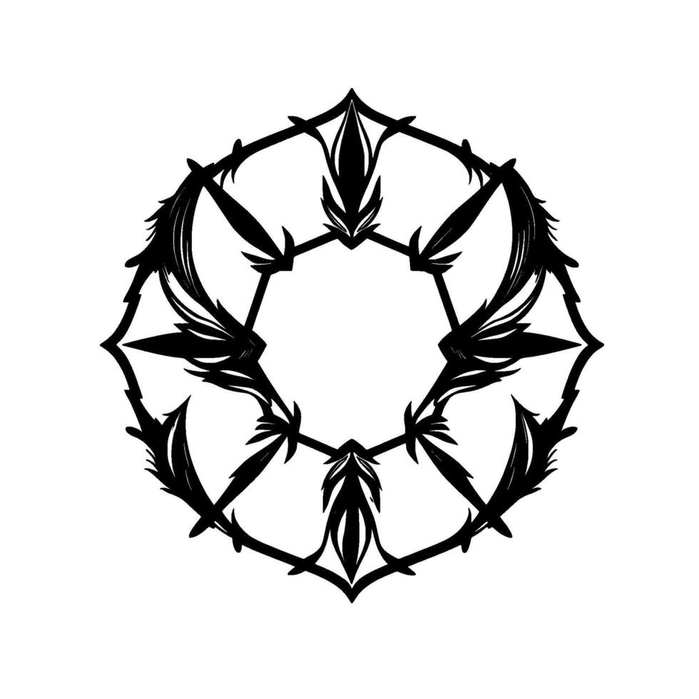 Intricate symmetrical black and white botanical , featuring stylized leaf and feather motifs arranged in a radial pattern. vector