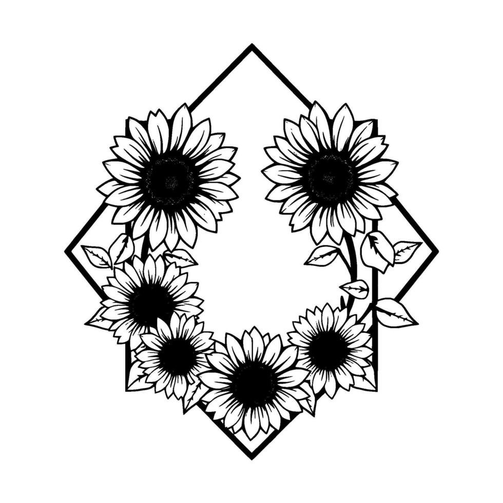 A , black and white illustration of a floral arrangement featuring stylized sunflowers arranged within a geometric diamond frame, capturing a minimalist and elegant aesthetic. vector