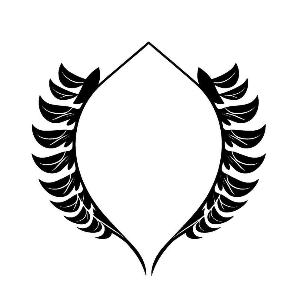 Symmetrical Black and White Illustration A stylized botanical frame in the form of a pointed oval, formed by detailed leafy branches and minimalist angular lines. vector