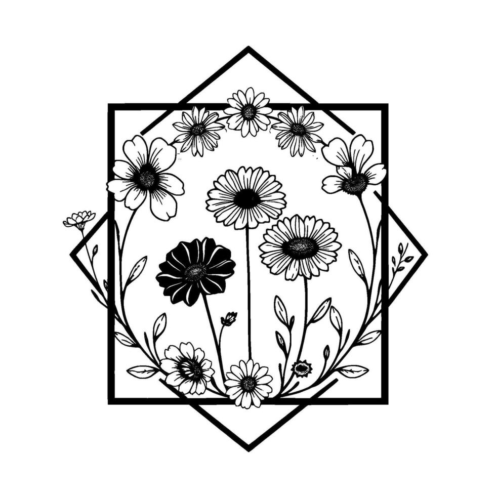 Artistic black and white floral illustration with a geometric frame, daisies and unique contrast, perfect for . vector