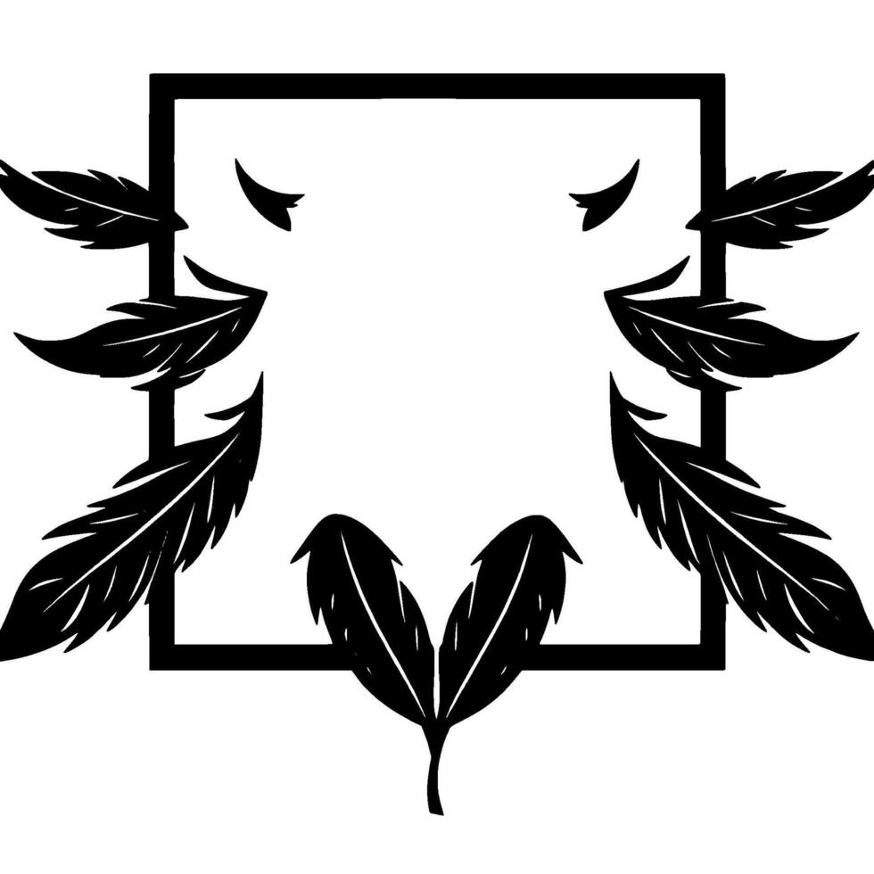 Elegant Black Feathers Enclosing a Square Frame, Symbolizing Flight, Freedom, and Grace on a White Background. vector