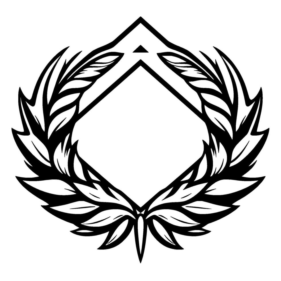 Black and White Geometric Emblem A Diamond Frame Enclosed by Laurel Wreath , Symbolic and Ornamental, on White Background. vector