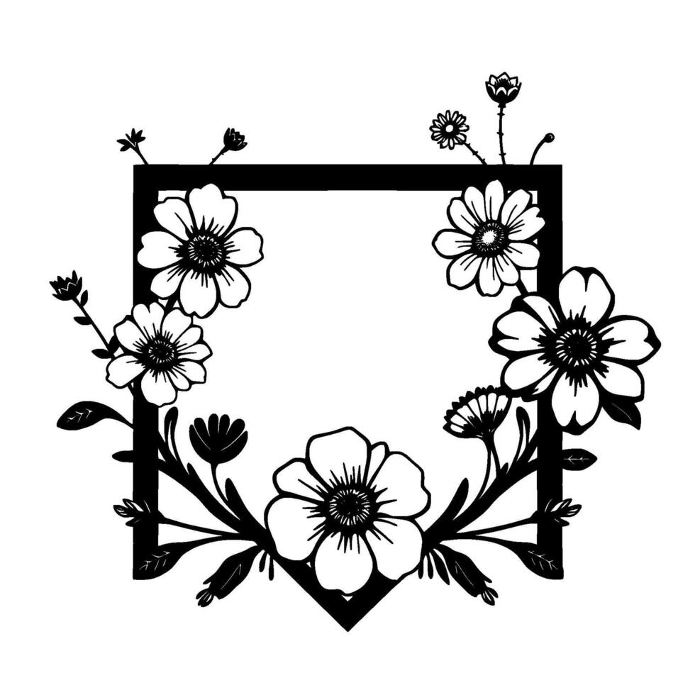 A symmetrical floral wreath with bold black outlines, featuring detailed flowers, leaves, and buds adorning a geometric frame on a bright white background. vector