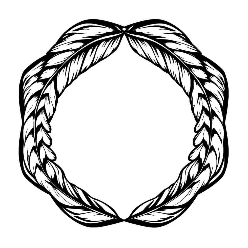 Ornate, Symmetrical Black and White Feather Wreath, Geometric, Illustration, for Elegant , Border, Decorative, Isolated. vector