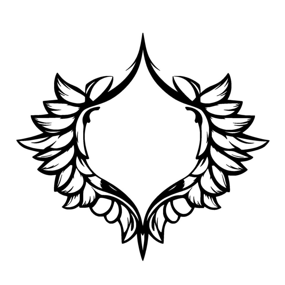 Symmetrical Floral Emblem Black and White Geometric with Winglike Petal Clusters Around a Central Oval Space. vector