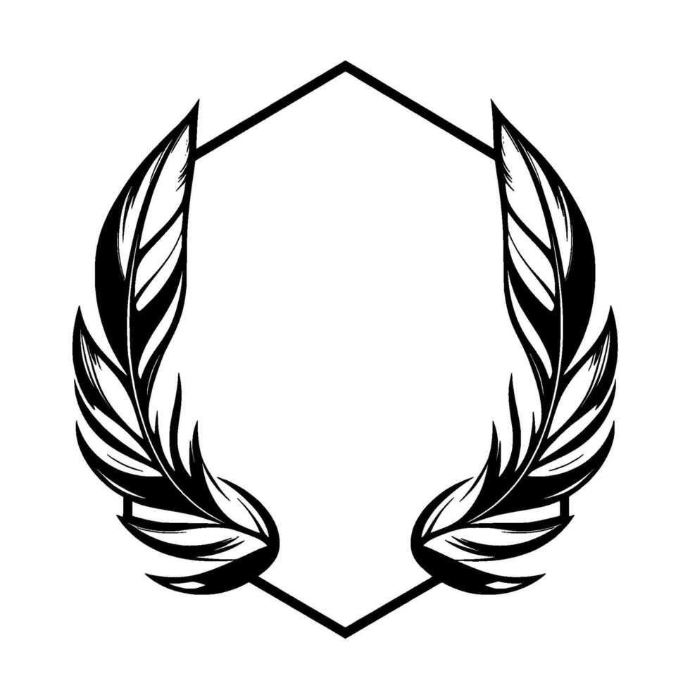 Elegant black and white featuring stylized feathers flanking a geometric hexagonal frame, ideal for branding. vector
