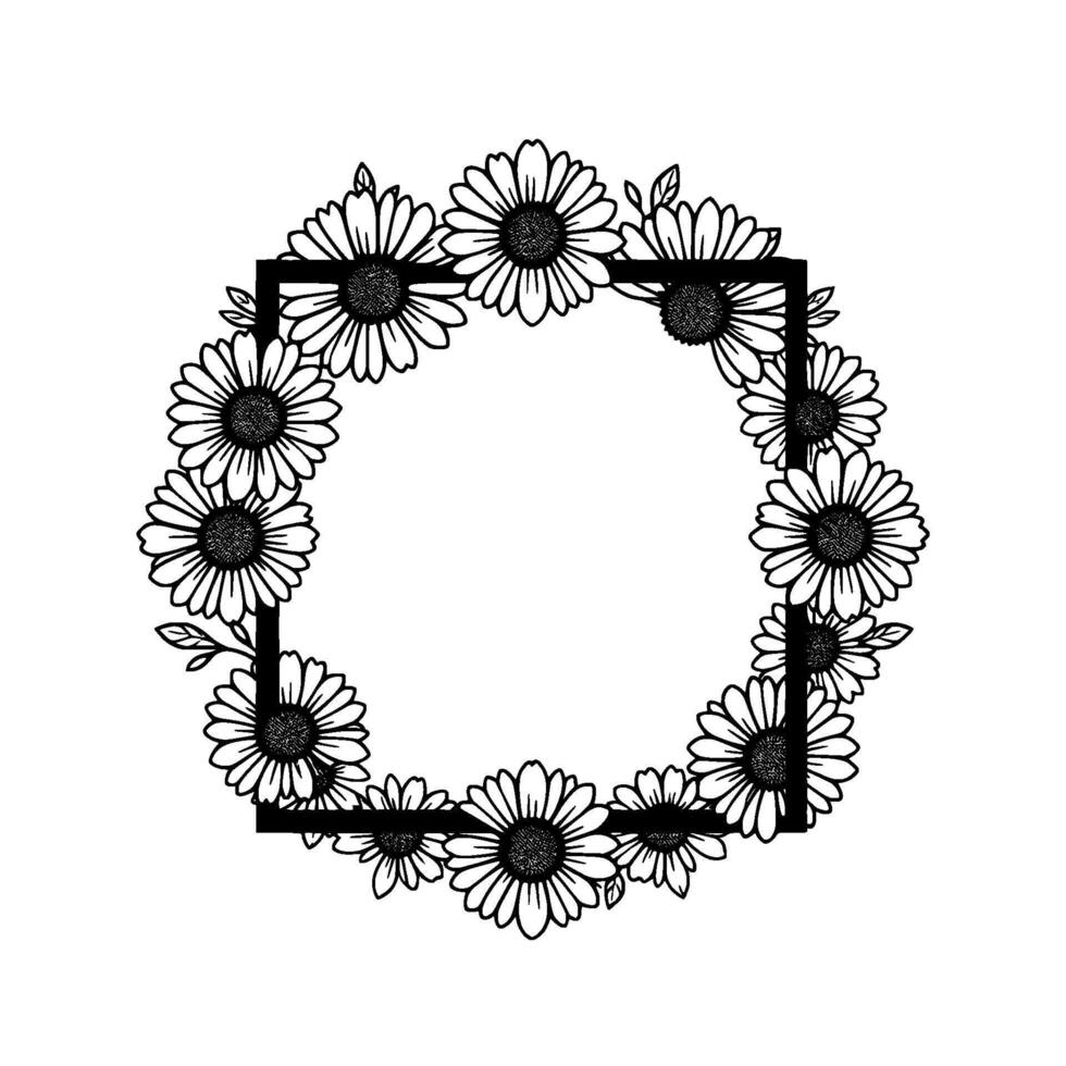A black and white floral frame featuring daisies arranged around a square, evoking a simple, elegant, and natural aesthetic. vector