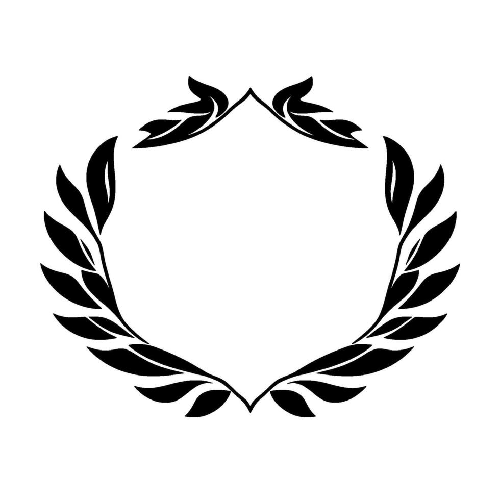 Black laurel wreath illustration, symmetrically designed on white background, representing victory, honor, and achievement. vector