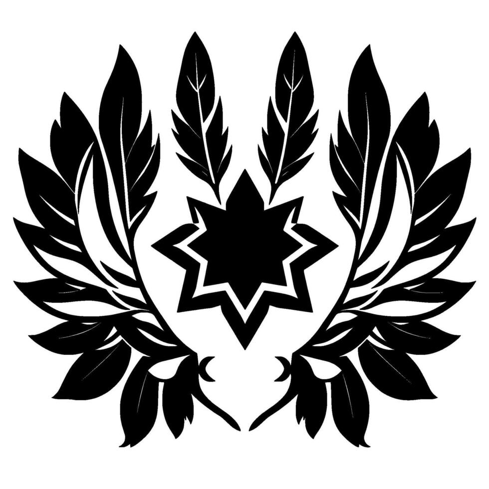 Symmetrical black and white floral emblem, featuring starshaped center, feather accents, and leaf arrangements. vector