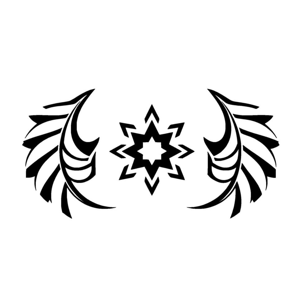 Black and white symmetrical abstract with stylized featherlike elements flanking an eightpointed star, on a white background. vector
