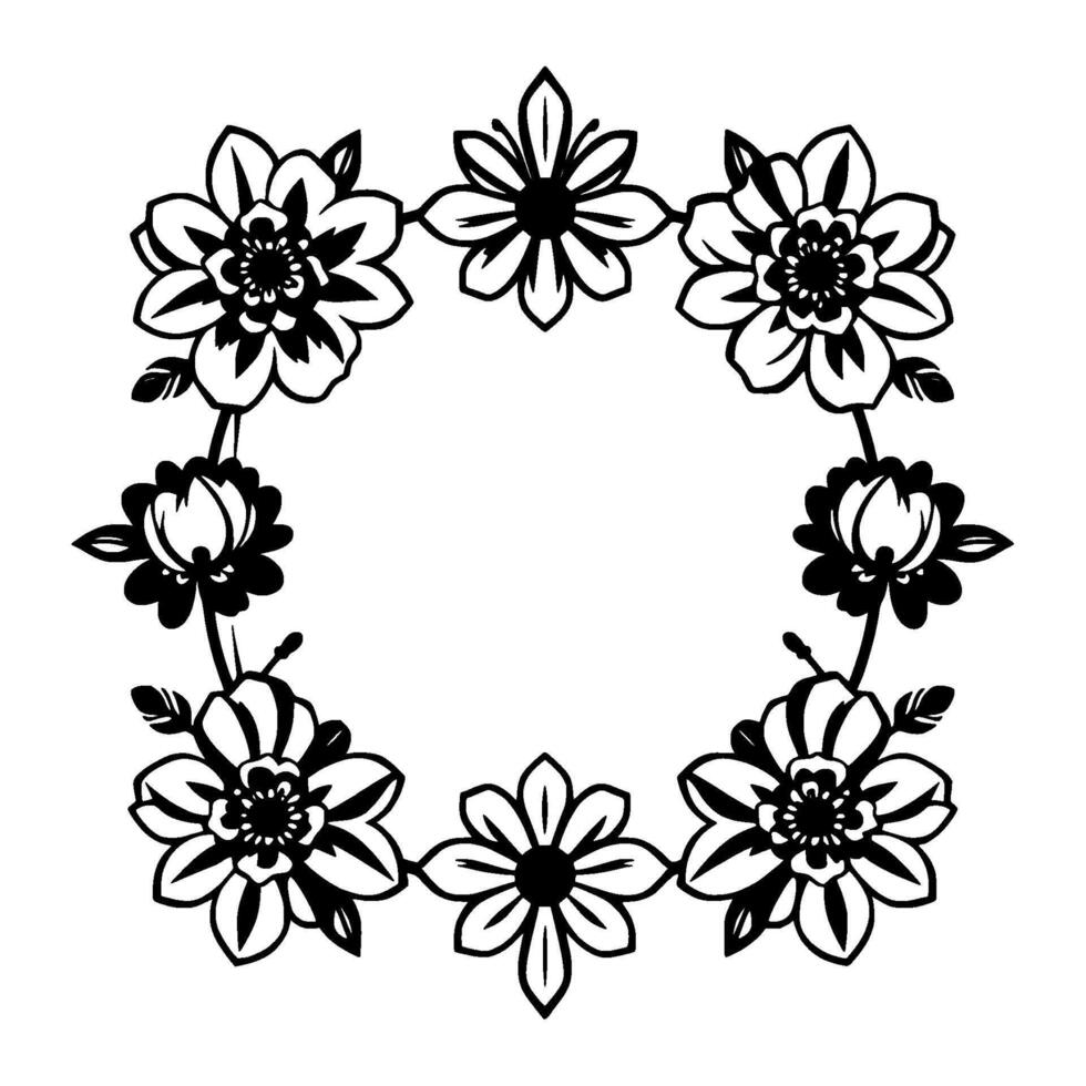 Black and white floral wreath arrangement, intricate line art, forming a circular border with varied flower designs. vector