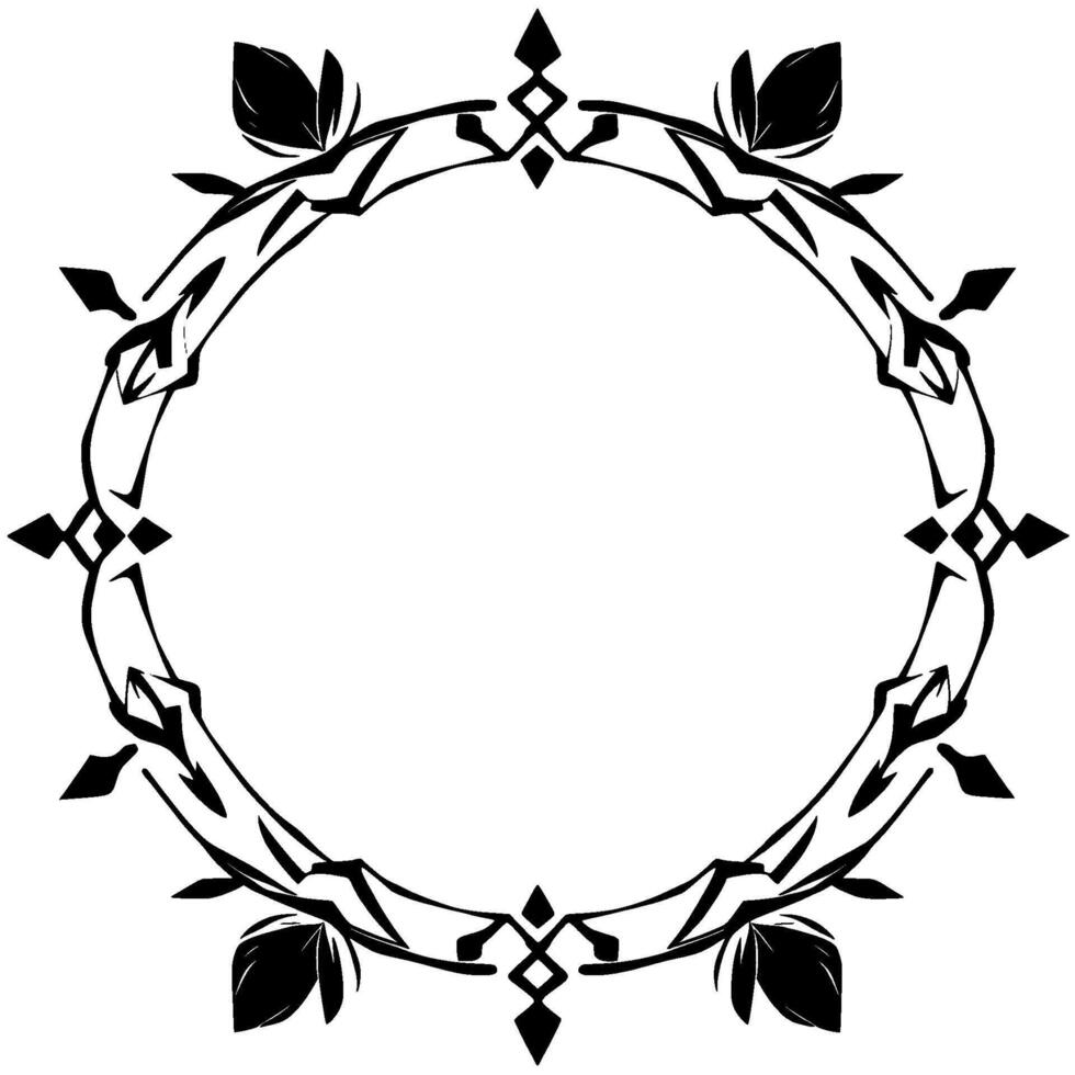 Elegant Black and White Circular Floral Frame with Geometric Accents and Leafy Embellishments. vector
