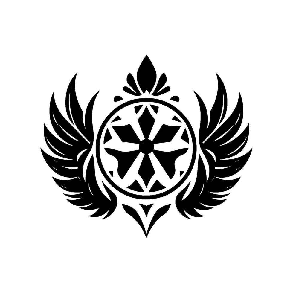 Black and White Geometric Emblem Featuring a Central Wheel with Eight Spokes, Flanked by Feathered Wings and Ornamental Flourishes. vector