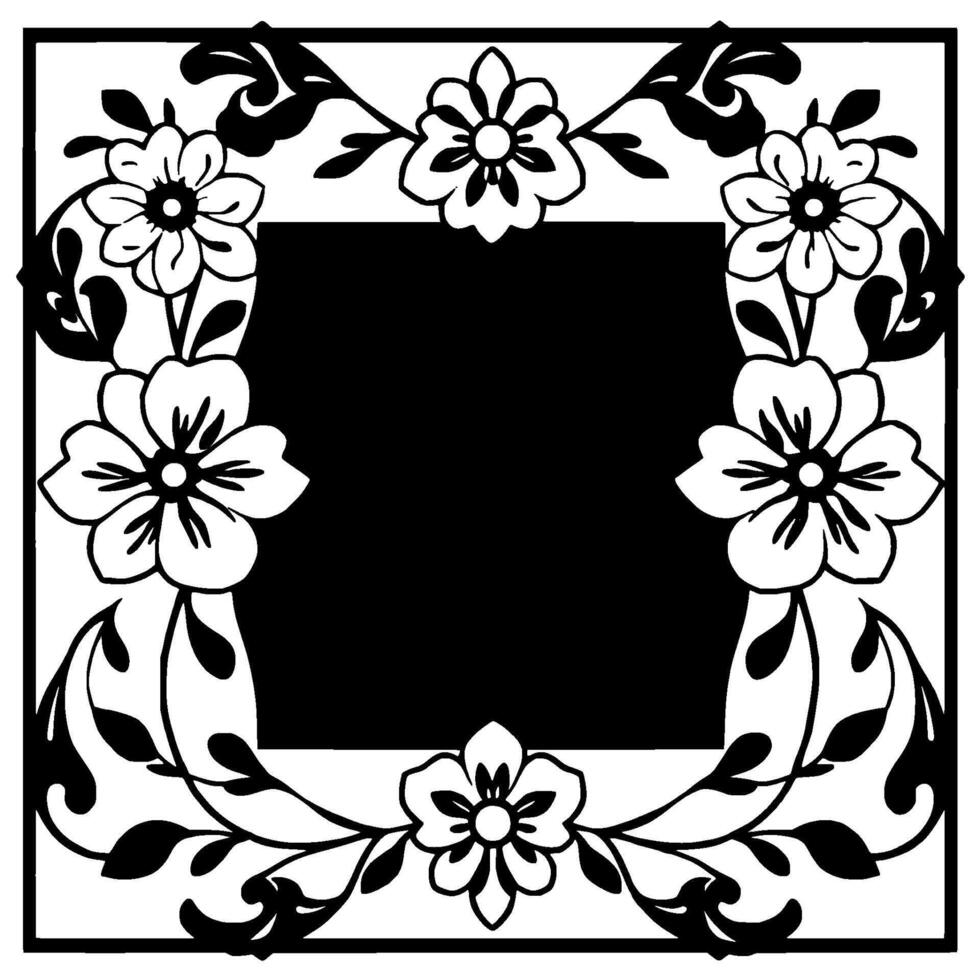 Intricate Black and White Floral Frame with Central Blank Space and Delicate Botanical . vector