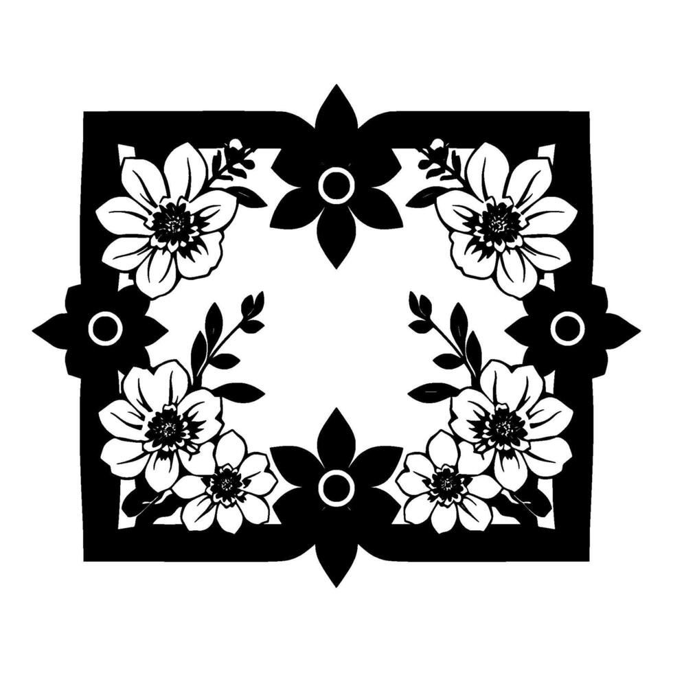 Intricate Black and White Floral Frame with Blossoms, Leaves, and Geometric , Elegant and Decorative. vector