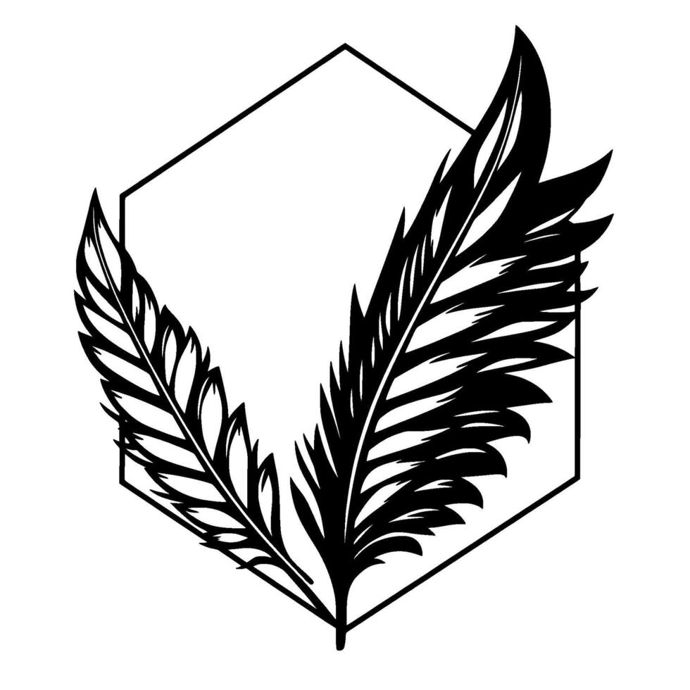 featuring two stylized feathers in black and white, framing an open hexagonal shape, creating a balanced element. vector