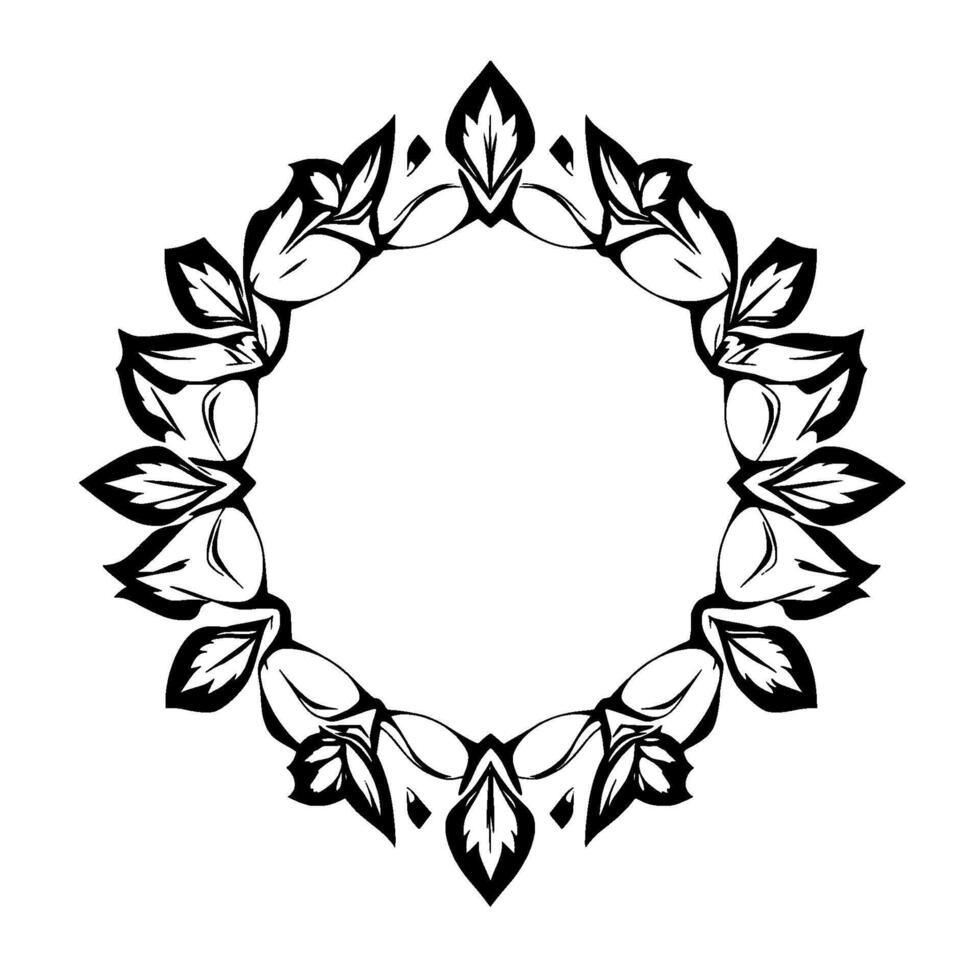 A symmetrical monochrome floral wreath, stylized with intricate leaves, forming a circular frame on a white backdrop. vector