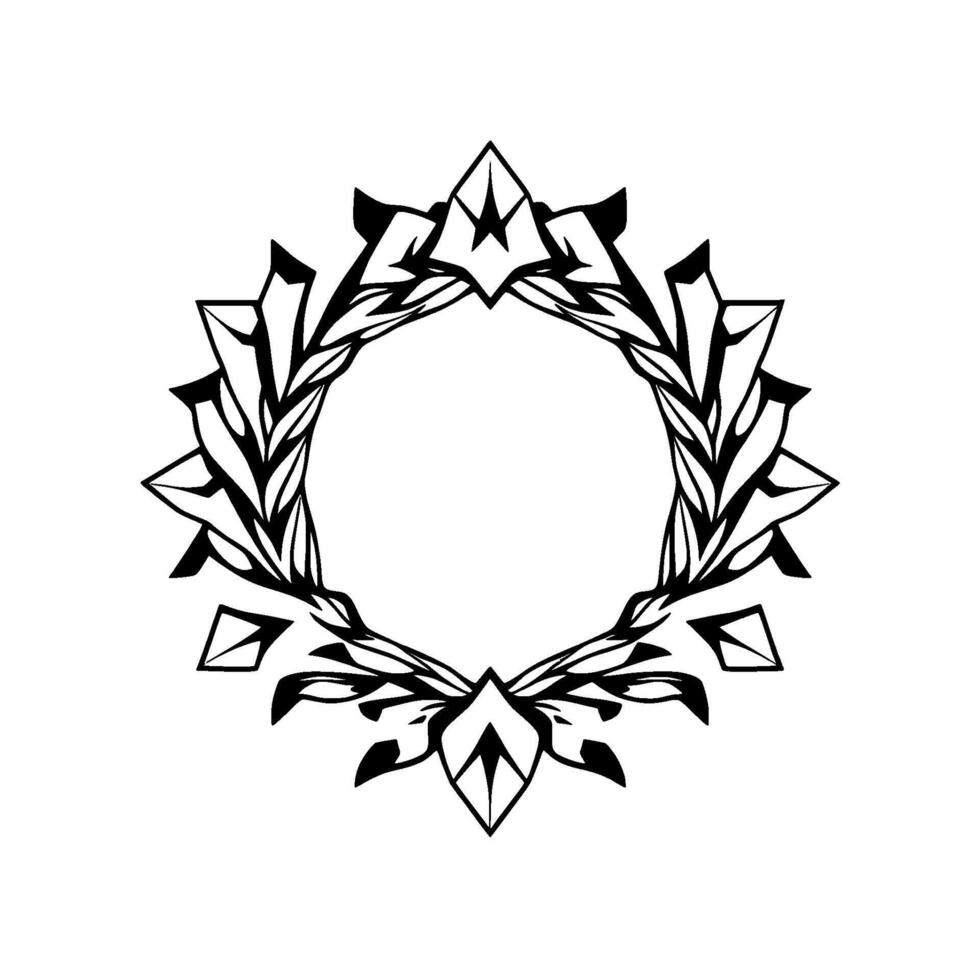 Elegant Black and White Geometric Floral Wreath with Leafy and Crystalline Details, a Circular Frame on White Background. vector