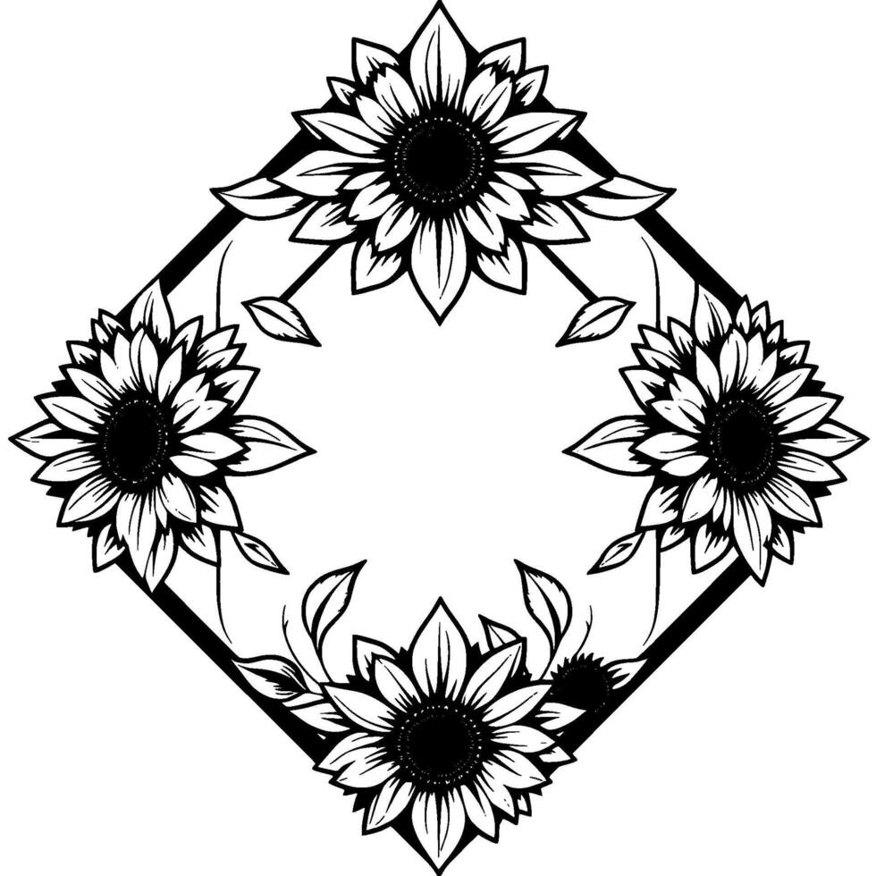 Black and White Floral Rhombus Frame featuring Sunflowers and Leaves, a symmetrical and elegant botanical illustration. vector