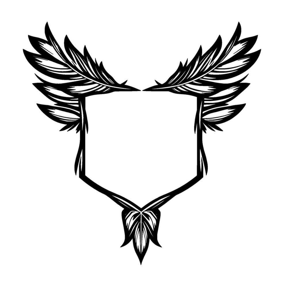 Black and white of an ornate shield with stylized feather wings and a decorative lower flourish, evoking a heraldic crest. vector