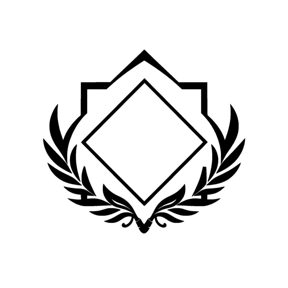Black and White Emblem A geometric frame with a diamond inside, encircled by laurel leaves, creating a minimalist and symbolic . vector