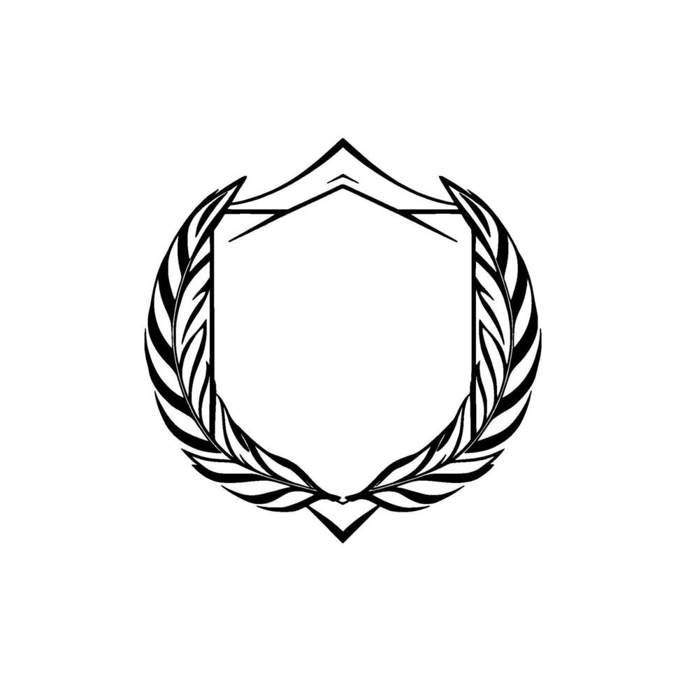 Elegant Black and White Crest with a Geometric Shield, Surrounded by Laurel Wreath Elements on White Background. vector