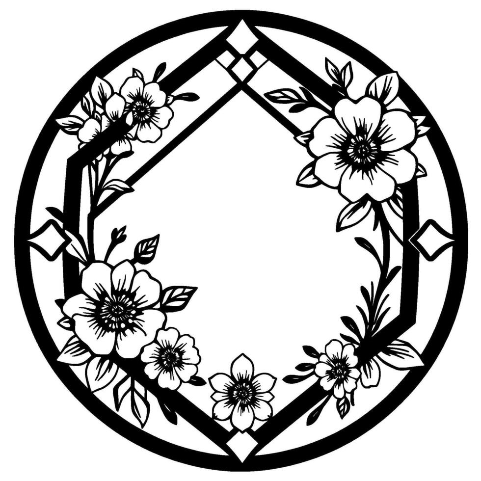 Intricate Black and White Floral Circle Frame with Geometric Accents, Delicate Blossoms, and a Clean, Modern Aesthetic. vector