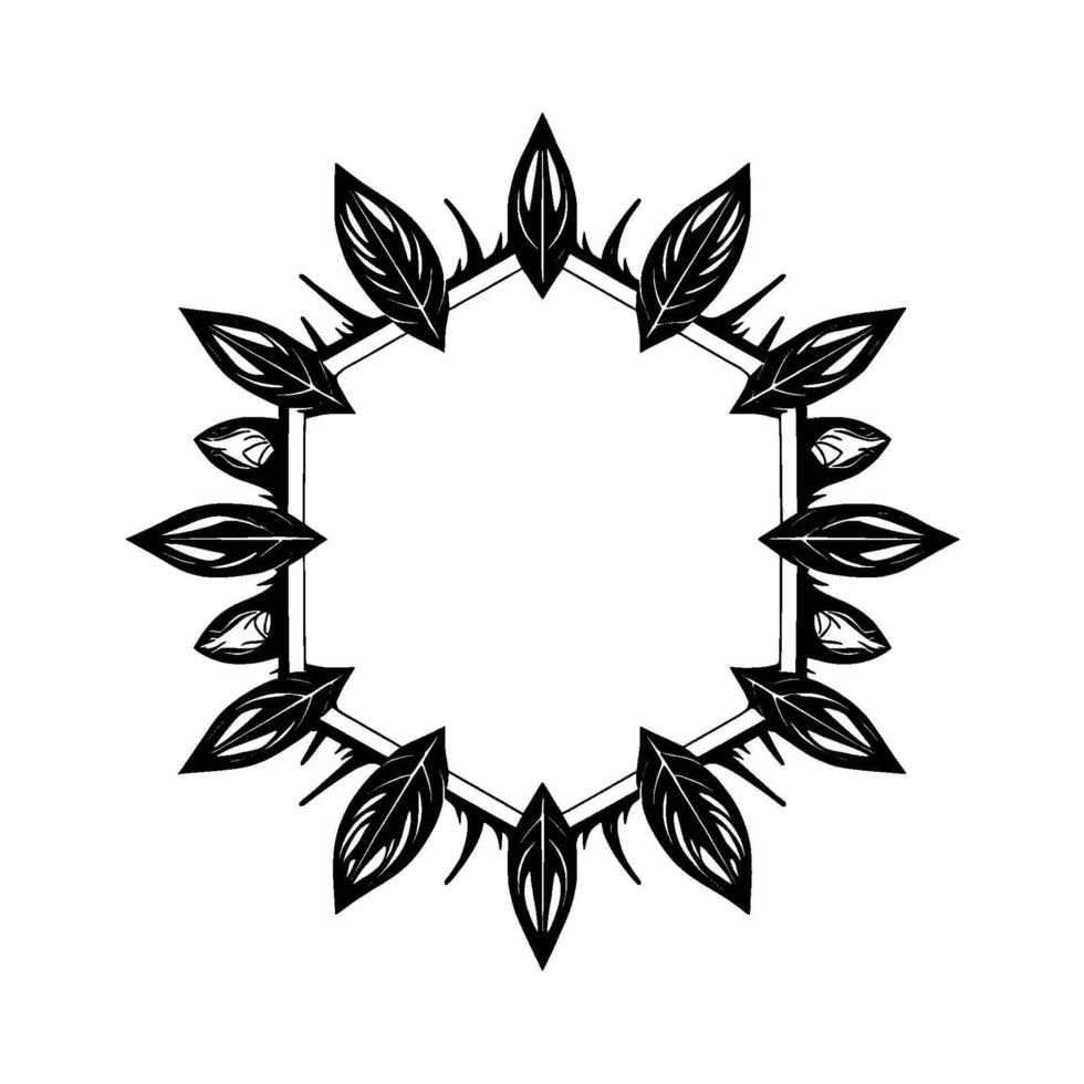 Monochromatic, botanical hexagonal frame with stylized leaves, thorns, and delicate budlike details, isolated on a white background. vector