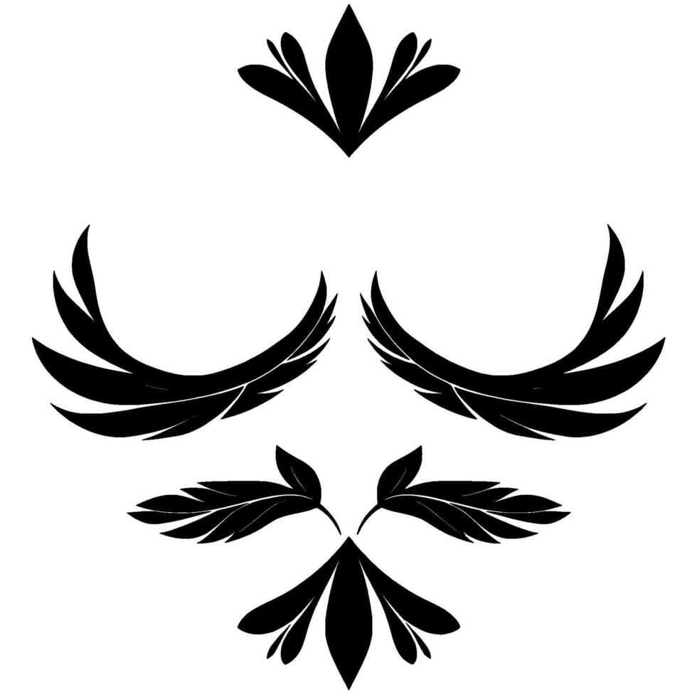 Abstract Black Winged and Leafy Floral Emblems on a White Background, Suggesting a Decorative or Concept. vector