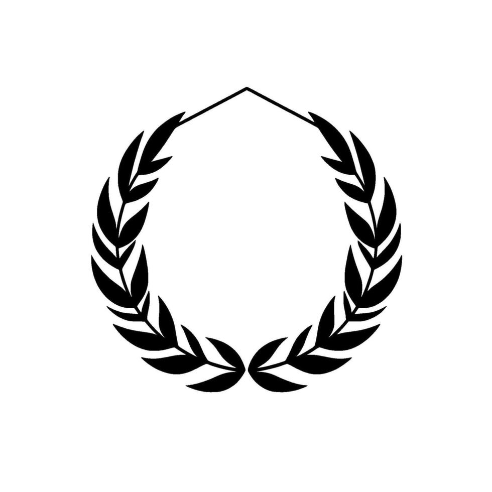 Black and white minimalist illustration of a laurel wreath, featuring a symmetrical and a modern, clean aesthetic against a plain white background. vector
