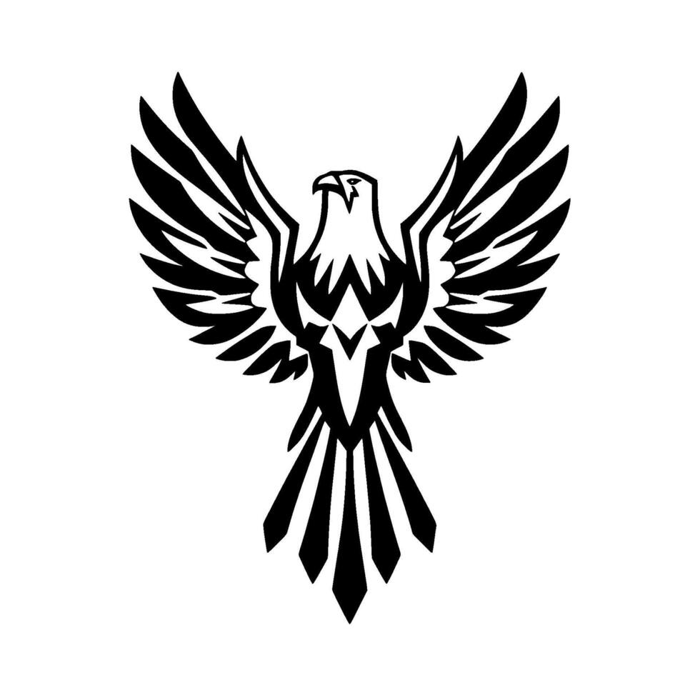 A symmetrical, stylized illustration of a fierce eagle with spread wings, in a striking black and white on a stark white background. vector