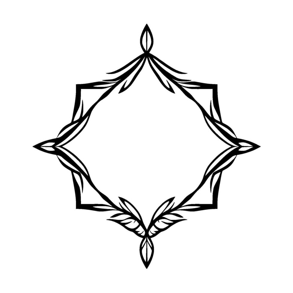 Intricate geometric floral with pointed corners, black lines creating a squarelike ornamental frame on a white background. vector
