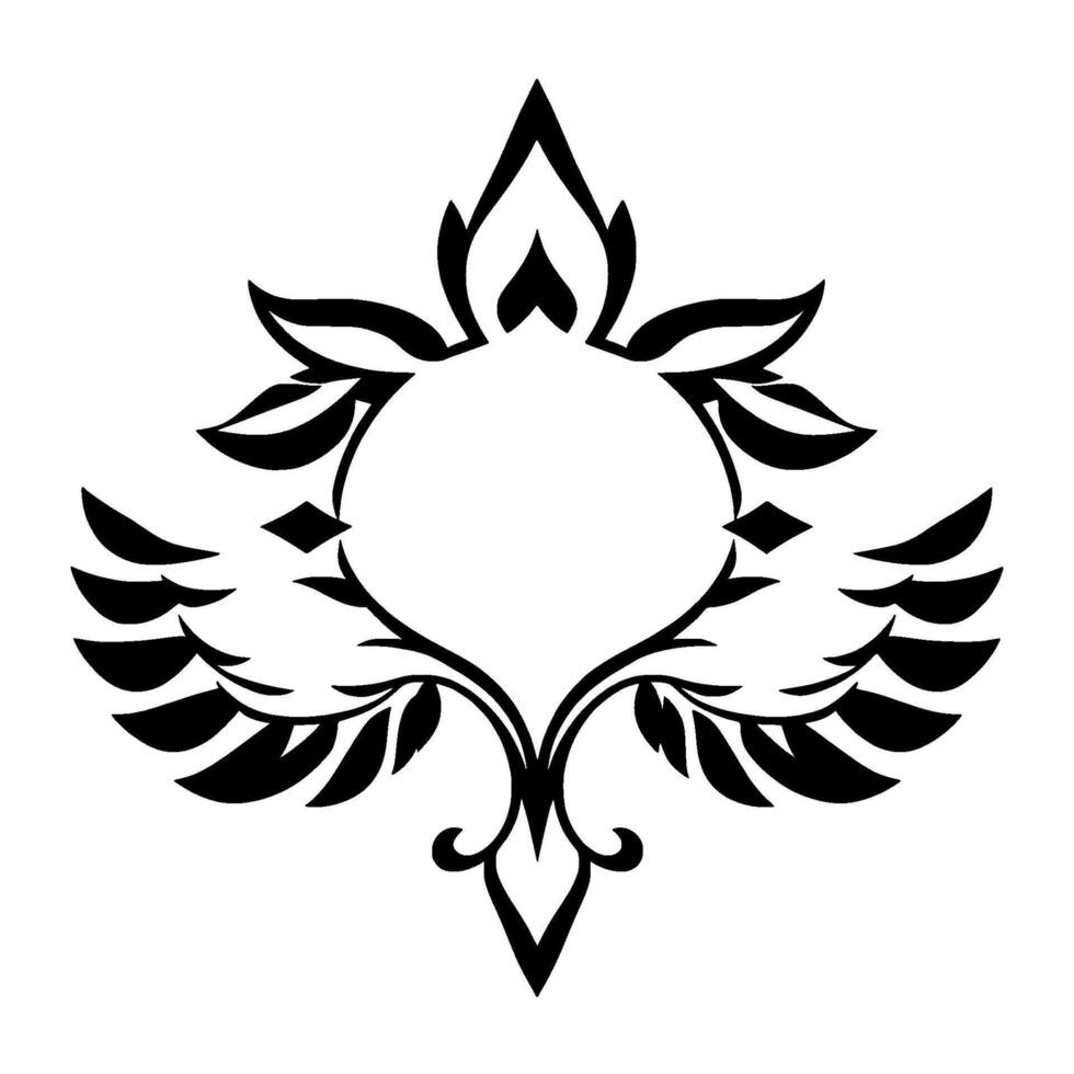 Symmetrical Black and White Decorative Floral Motif, Circular Center, Leafy, Pointed Shape, Minimalist . vector