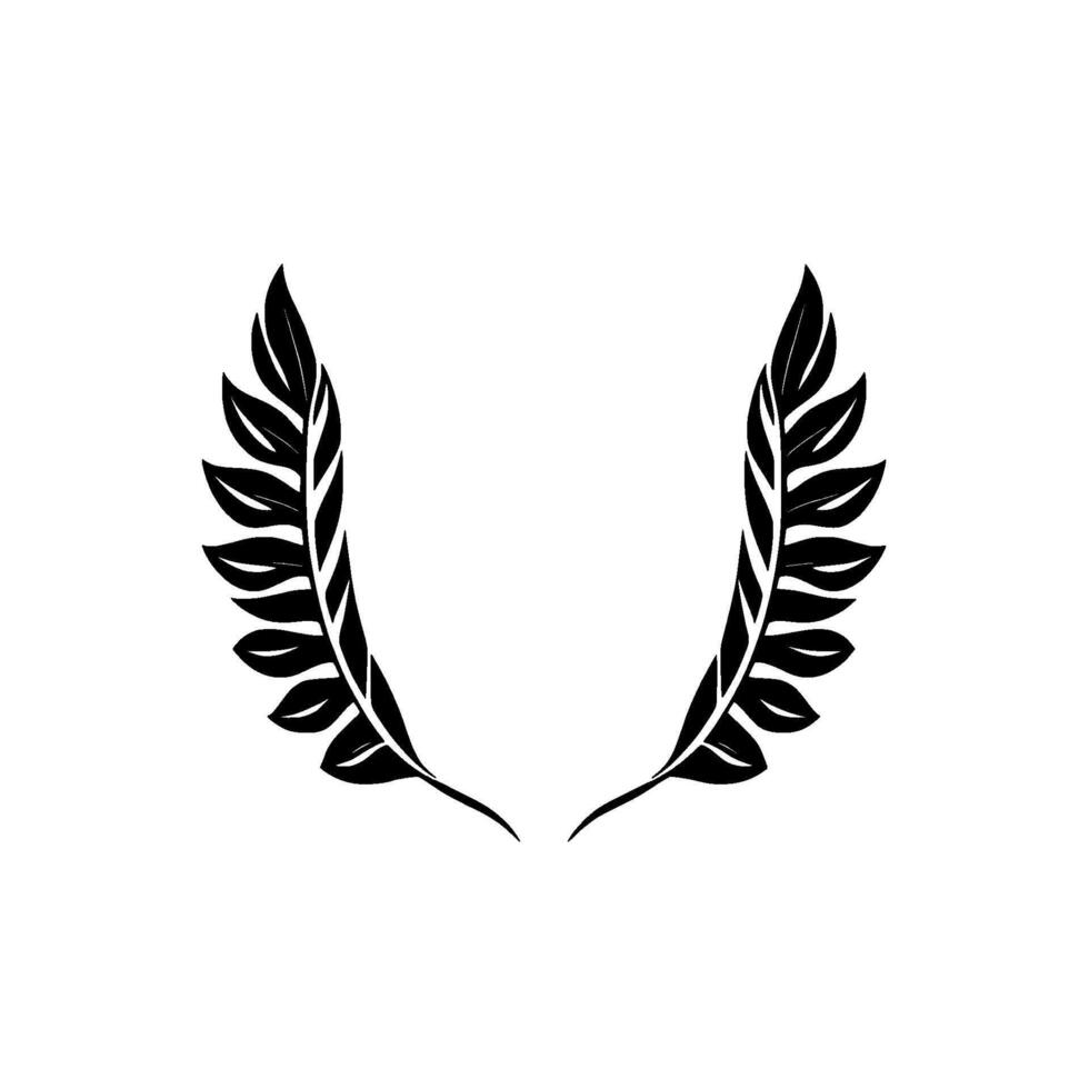 A symmetrical, highcontrast, minimalist black leaf illustration of a wreath composed of two elegant, upwardcurving branches on a clean white background. vector