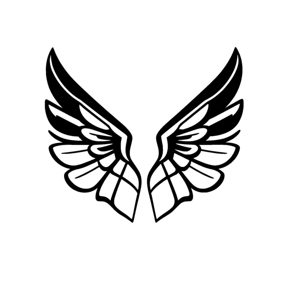 Symmetrical of stylized angel wings, black outlines and internal feather details on a white background. vector