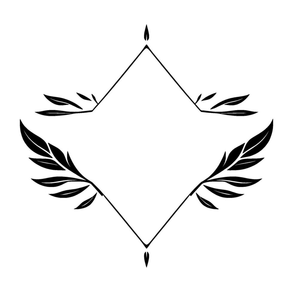 Geometric Diamond Frame Adorned with Stylized Leafy Branches and Delicate Embellishments in Black and White vector