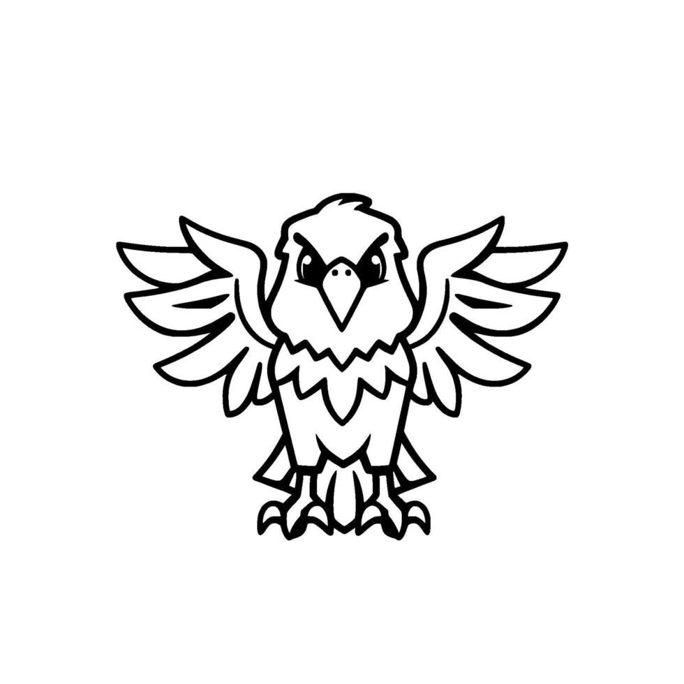 Line art illustration of a fierce cartoon eagle with outstretched wings, sharp claws, and a stern, focused expression. vector