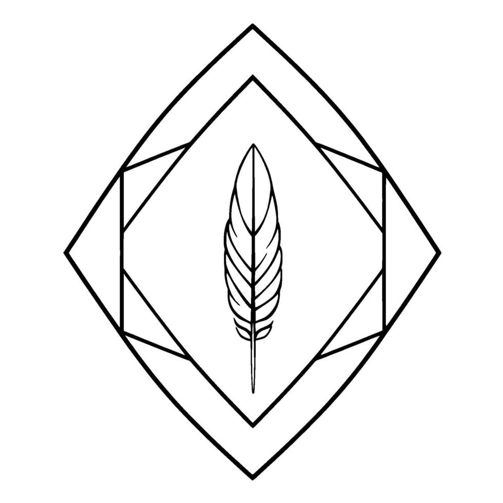 A stylized, symmetrical illustration of a feather contained within a geometric diamond frame, outlined in black on white. vector
