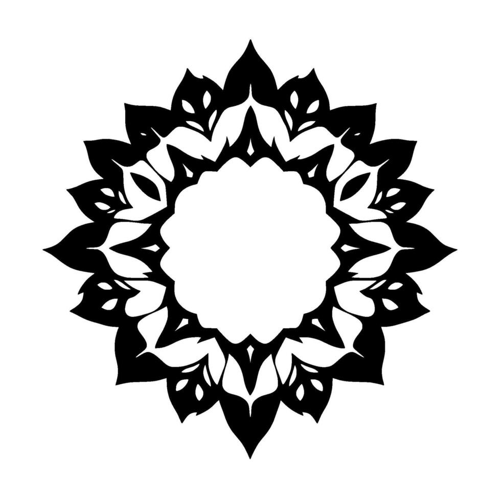 Intricate Black and White Mandala Floralinspired, symmetrical radial art with detailed leaf and pointed petal patterns surrounding a circular white space. vector