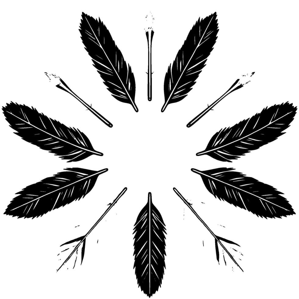 Stylized Black and White Arrangement Radial Composition of Feathers and Floral Elements on a Clean White Backdrop, Emphasizing Symmetry. vector