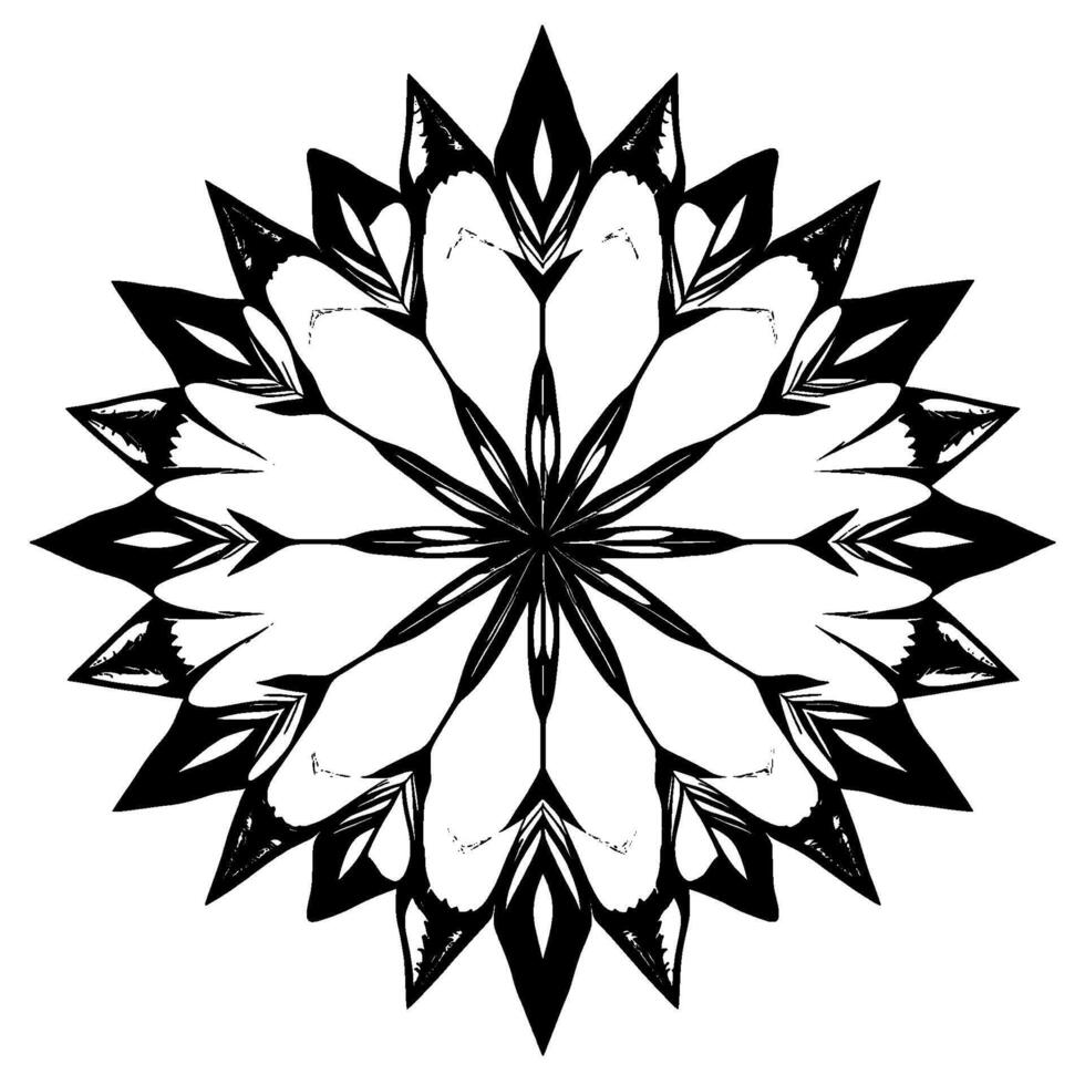 Symmetrical geometric pattern in black and white, resembling a stylized flower or star with sharp edges and repeating elements. vector