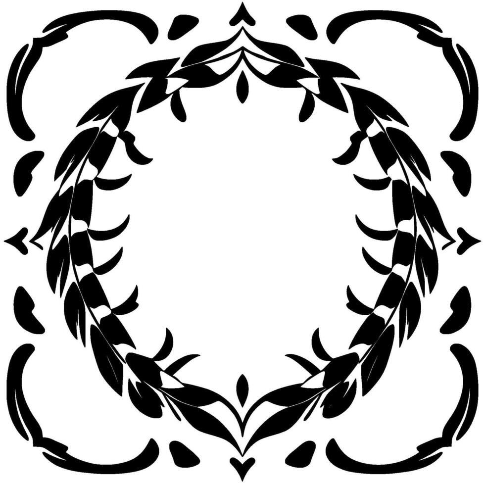 Ornate Black and White Floral Border with Symmetrical and Leafy Accents, Circular Composition. vector