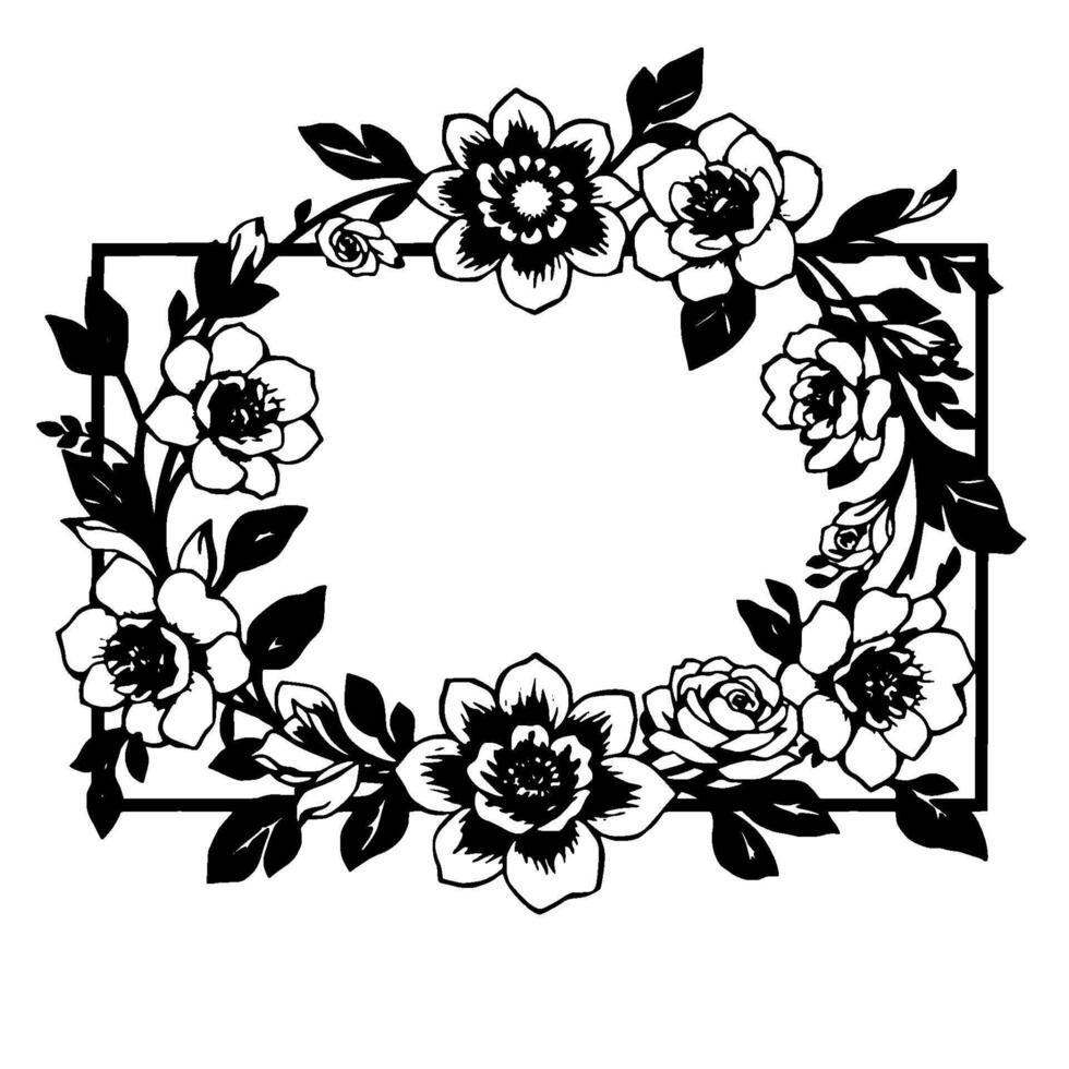 Elegant Black and White Floral Frame with Detailed Flower Blossoms and Leafy Accents, Creating a Classic and Ornamental Aesthetic. vector