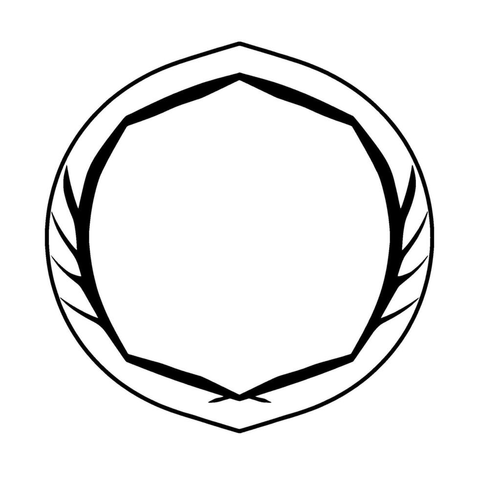 Geometric, stylized black and white badge featuring a multifaceted frame with leaflike decorative elements, set against a plain white background. vector