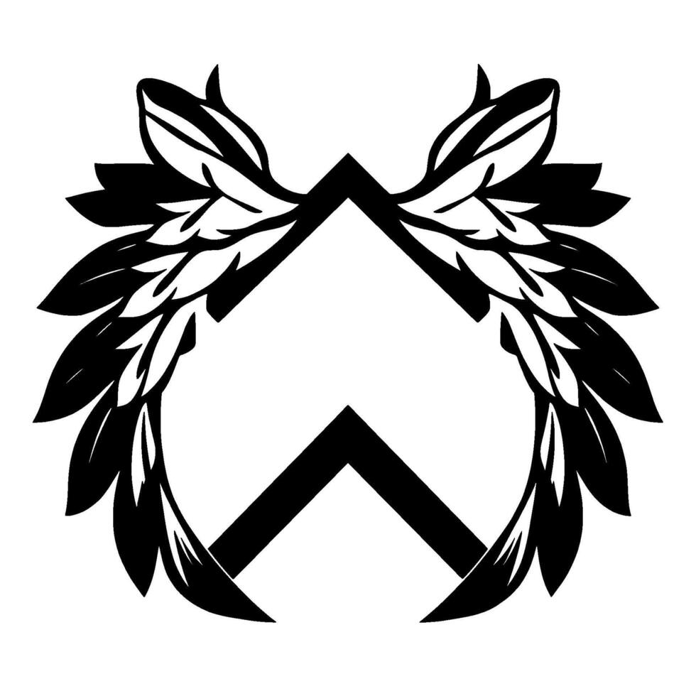 Symmetrical Black and White Geometric featuring two inverted triangular shapes encircled by stylized floral elements on a white background. vector