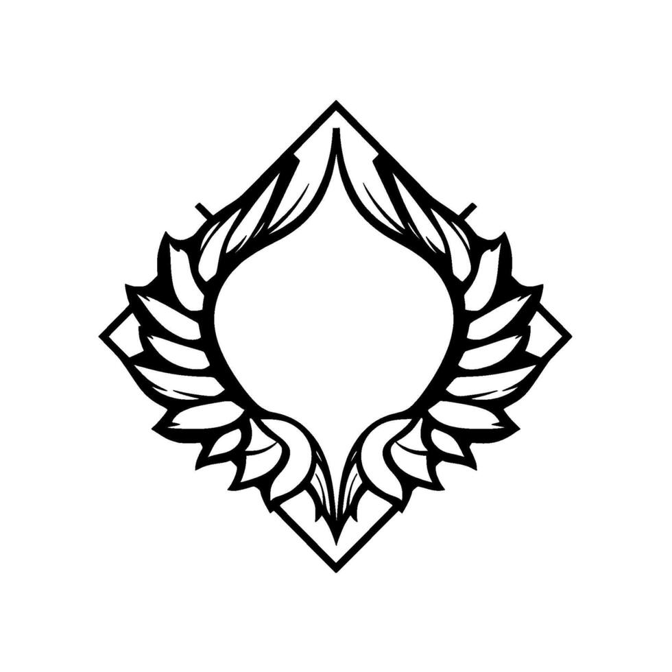 Abstract Geometric Crest a Bold Black and White Featuring LeafLike Embellishments Within a Rhombus Frame. vector