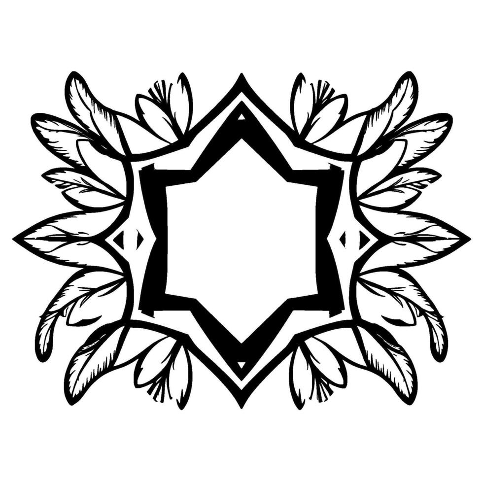 Geometric Black White Floral Motif with an Octagonal Central Frame and Ornamental Feathered and Leafy Accents on a White Backdrop. vector
